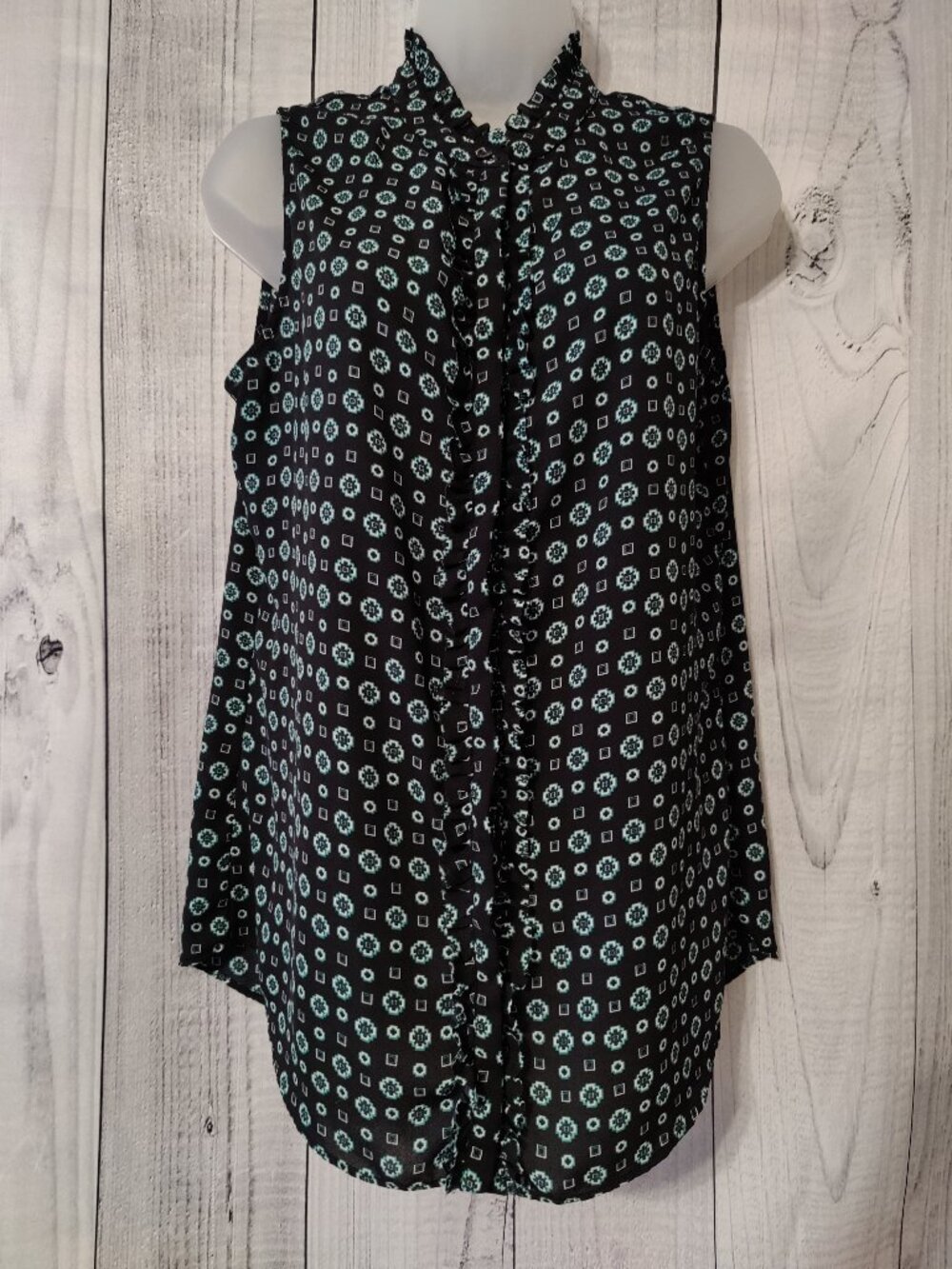 Banana Republic Black & Teal Medallion Print Ruffle-Front Blouse